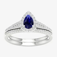 Modern Bride Gemstone Womens 1/3 CT. T.W. Lead Glass-Filled Red Ruby 10K White Gold Pear Halo Bridal Set