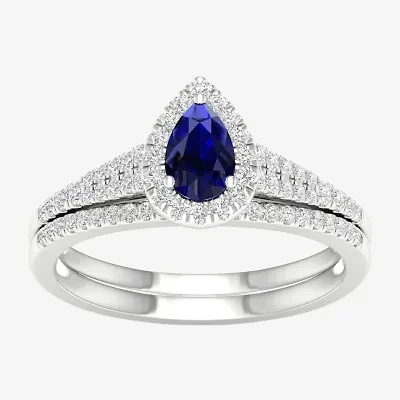 Modern Bride Gemstone Womens14K White Gold Pear Halo Bridal Set