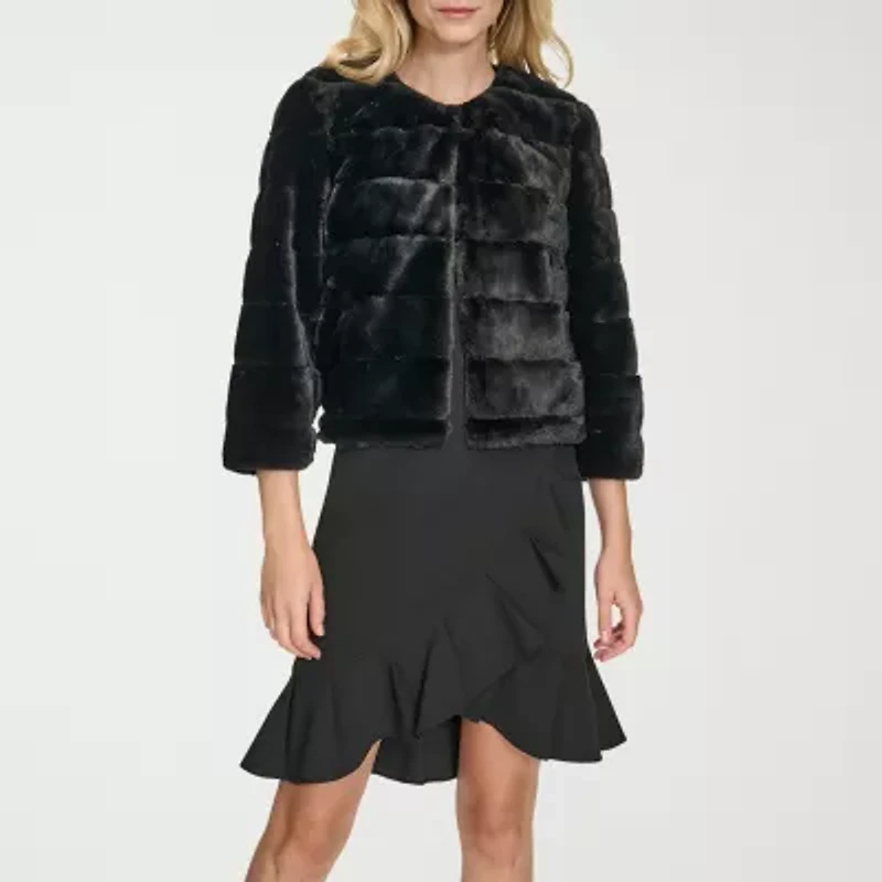 Marc New York Faux Fur Womens Round Neck 3/4 Sleeve Shrug
