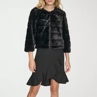Marc New York Faux Fur Womens Round Neck 3/4 Sleeve Shrug