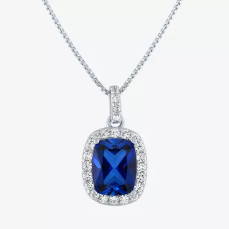 Womens Lab Created Gemstone Sterling Silver Halo Pendant Necklace