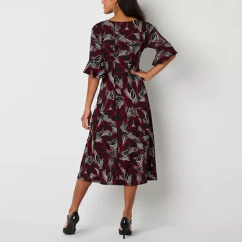 Perceptions Womens 3/4 Sleeve Leaf Puff Print Midi Fit + Flare Dress