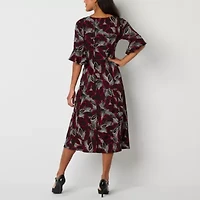 Perceptions Womens 3/4 Sleeve Leaf Puff Print Midi Fit + Flare Dress