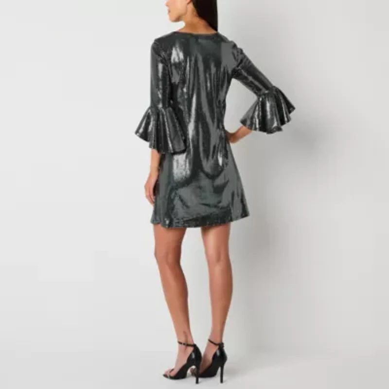 Studio 1 Womens Sequins 3/4 Sleeve Shift Dress