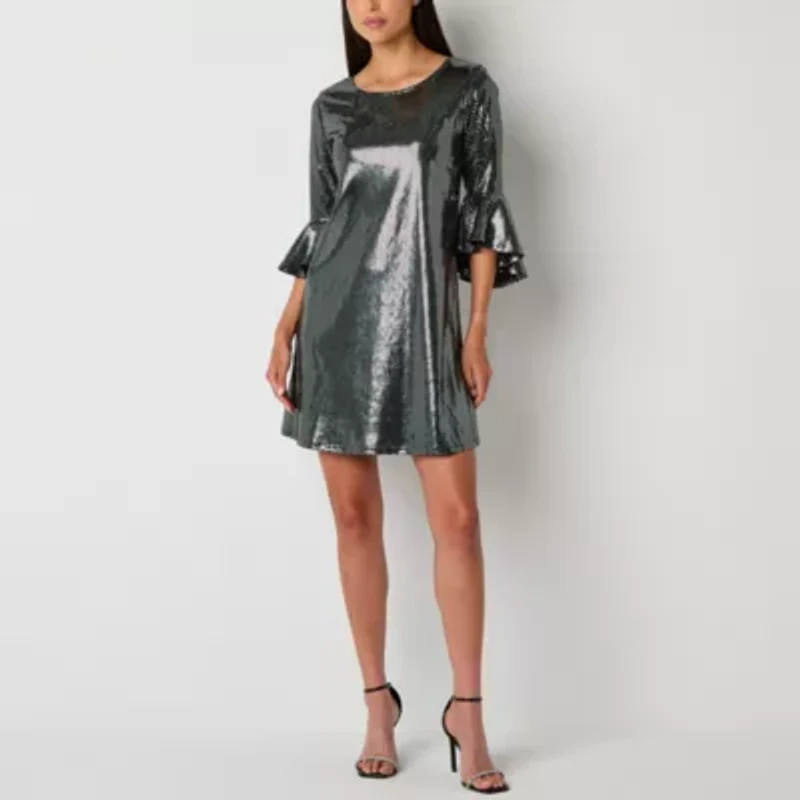 Studio 1 Womens Sequins 3/4 Sleeve Shift Dress