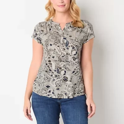 Liz Claiborne Womens Split Crew Neck Short Sleeve Blouse