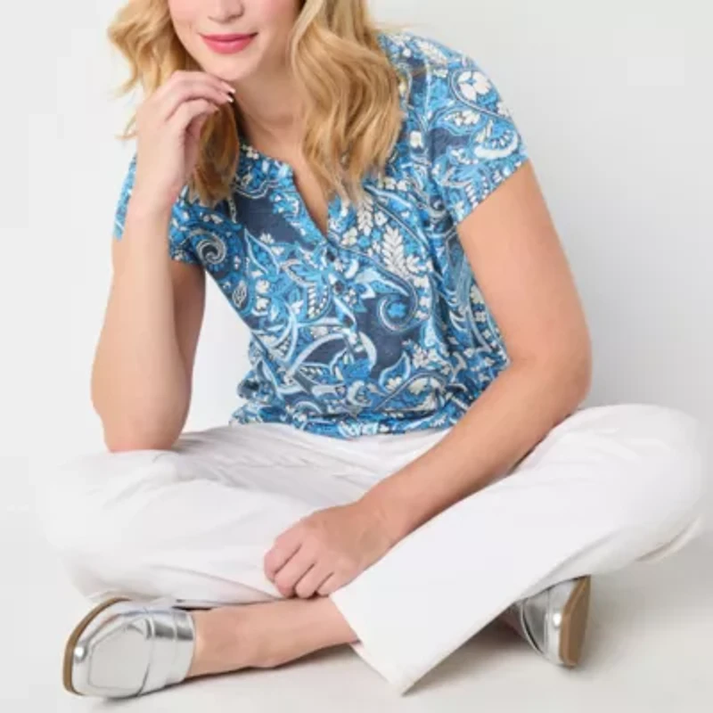 Liz Claiborne Womens Split Crew Neck Short Sleeve Blouse
