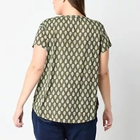 Liz Claiborne Womens Plus Split Crew Neck Short Sleeve Blouse