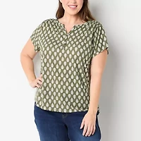 Liz Claiborne Womens Plus Split Crew Neck Short Sleeve Blouse