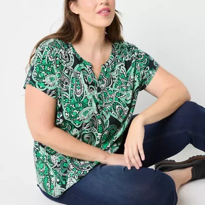 Liz Claiborne Womens Split Crew Neck Short Sleeve Plus Blouse