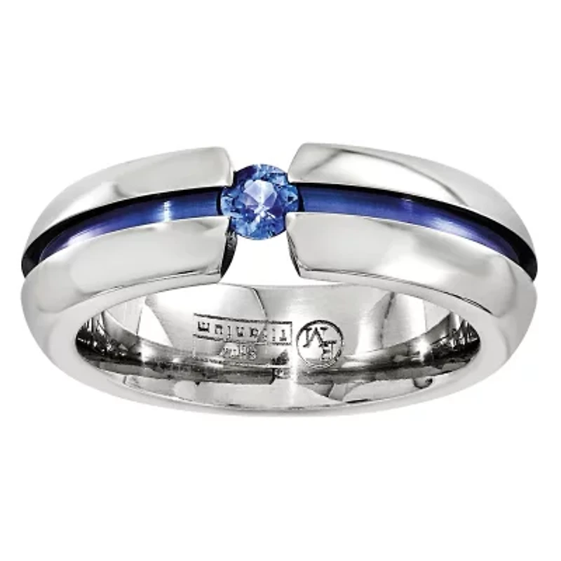 Mens 6MM Genuine Blue Sapphire Titanium Wedding Band