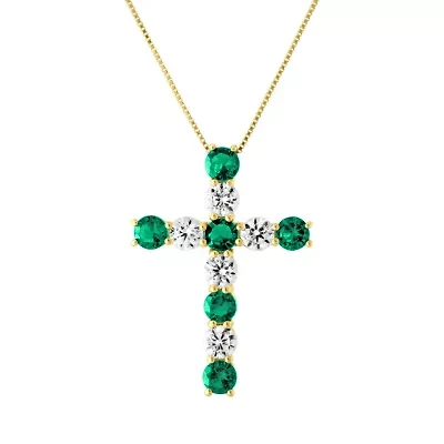 Womens Lab Created Green Emerald 10K Gold Cross 18 Inch Pendant Necklace