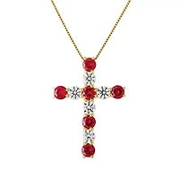 Womens Lab Created Red Ruby 10K Gold Cross 18 Inch Pendant Necklace