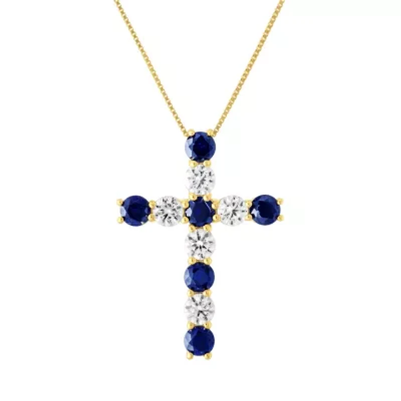 Womens Lab Created Blue Sapphire 10K Gold Cross 18 Inch Pendant Necklace