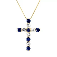 Womens Lab Created Blue Sapphire 10K Gold Cross 18 Inch Pendant Necklace
