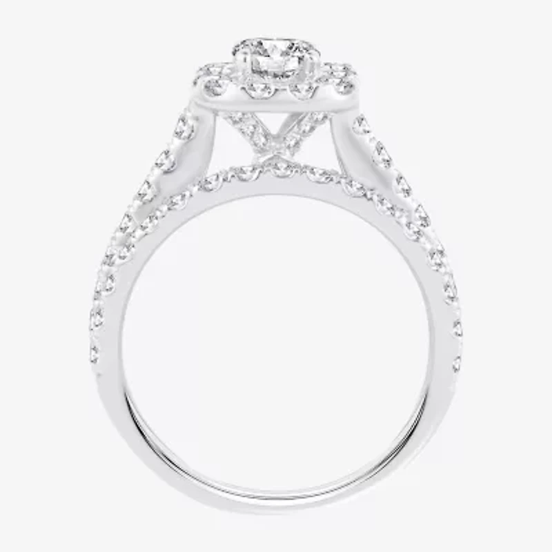 (H-I / Si1-Si2) Womens 2 CT. T.W. Lab Grown White Diamond 10K or 14K Gold Cushion Side Stone Halo Bridal Set