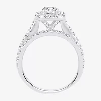 (H-I / Si1-Si2) Womens 2 CT. T.W. Lab Grown White Diamond 10K or 14K Gold Cushion Side Stone Halo Bridal Set