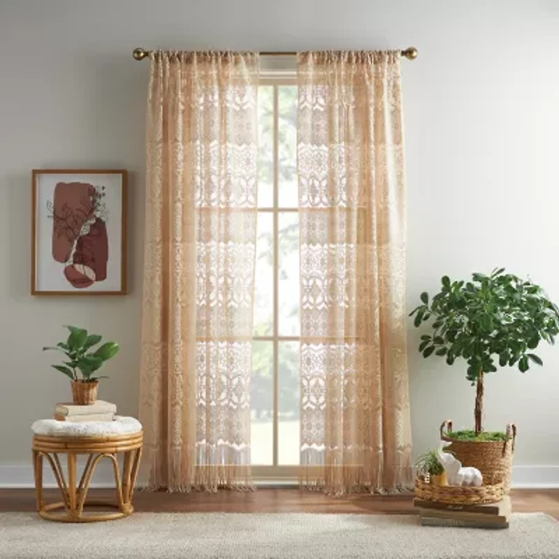 CHF Boho Lace Rod Pocket Light-Filtering Single Curtain Panel