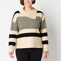 Liz Claiborne Womens Split Crew Neck Long Sleeve Striped Pullover Sweater