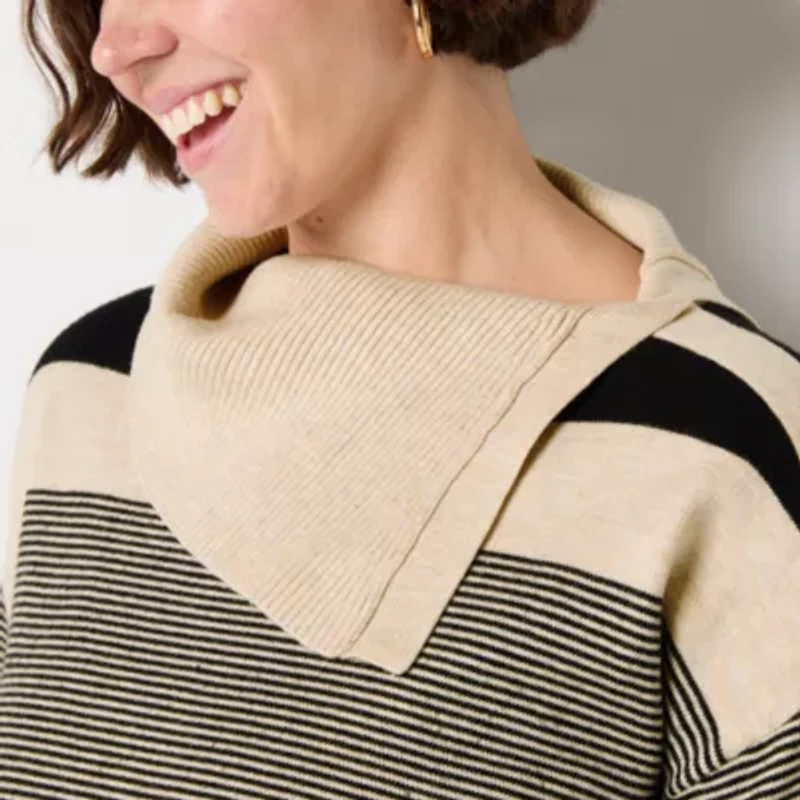 Liz Claiborne Womens Split Crew Neck Long Sleeve Striped Pullover Sweater