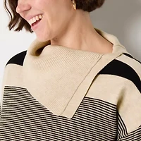 Liz Claiborne Womens Split Crew Neck Long Sleeve Striped Pullover Sweater