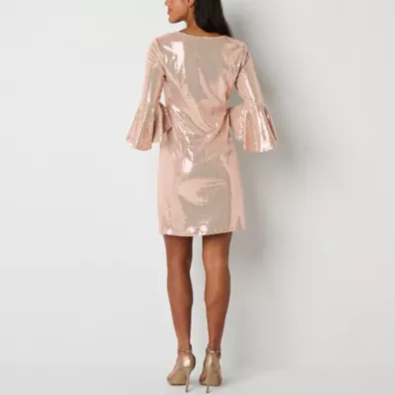 Studio 1 Womens Sequin 3/4 Sleeve Shift Dress