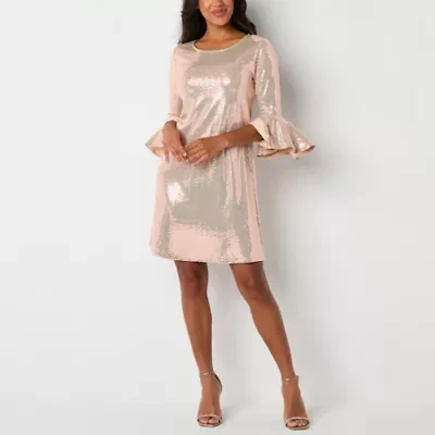 Studio 1 Womens Sequin 3/4 Sleeve Shift Dress