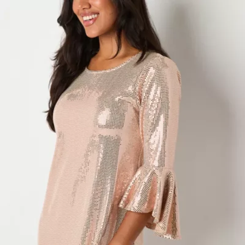 Studio 1 Womens Sequin 3/4 Sleeve Shift Dress