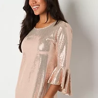 Studio 1 Womens Sequin 3/4 Sleeve Shift Dress
