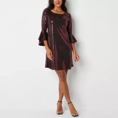 Studio 1 Womens Crew Neck 3/4 Sleeve Sequin Shift Dress
