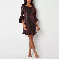 Studio 1 Womens Crew Neck 3/4 Sleeve Sequin Shift Dress