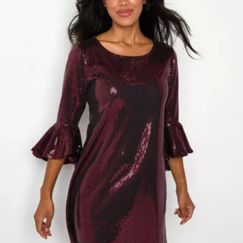 Studio 1 Womens Crew Neck 3/4 Sleeve Sequin Shift Dress