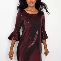 Studio 1 Womens Crew Neck 3/4 Sleeve Sequin Shift Dress
