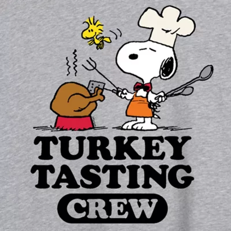 Snoopy Turkey Tasting Womens Juniors Crew Neck Short Sleeve Regular Fit Peanuts Graphic T-Shirt