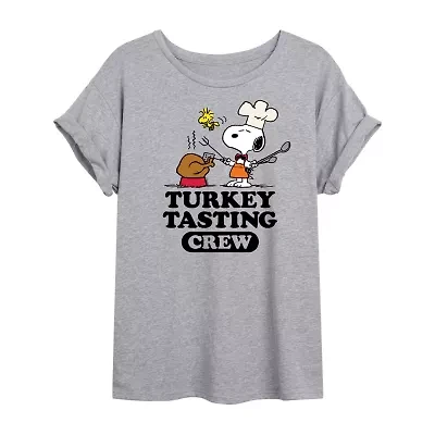 Snoopy Turkey Tasting Womens Juniors Crew Neck Short Sleeve Regular Fit Peanuts Graphic T-Shirt