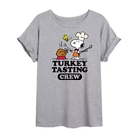 Snoopy Turkey Tasting Womens Juniors Crew Neck Short Sleeve Regular Fit Peanuts Graphic T-Shirt