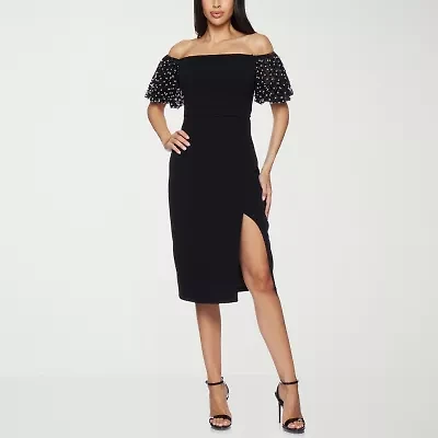 Premier Amour Off The Shoulder Womens Pearl Trim Short Sleeve Midi Sheath Dress