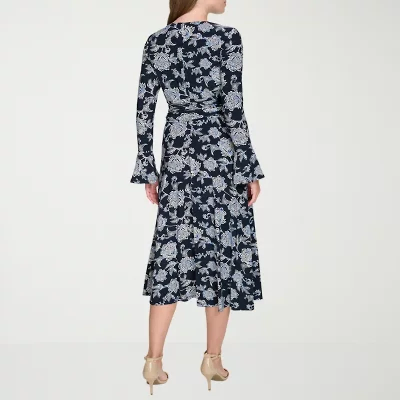 Marc New York Womens Long Sleeve Floral Midi Fit + Flare Dress