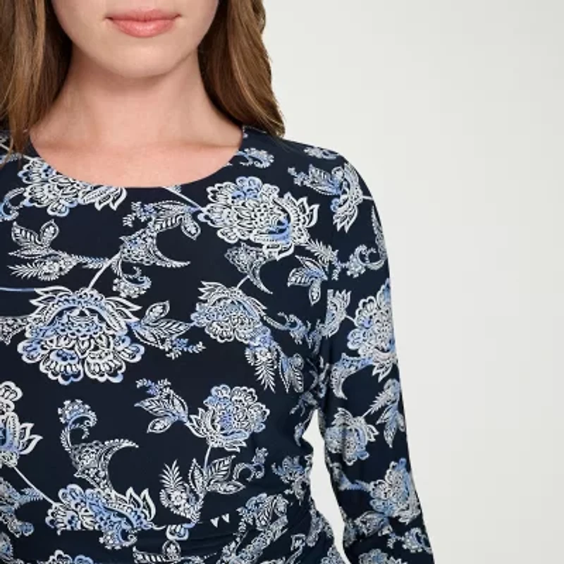 Marc New York Womens Long Sleeve Floral Midi Fit + Flare Dress