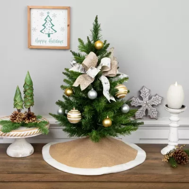 20'' Beige Burlap Mini Christmas Tree Skirt with Fleece Border