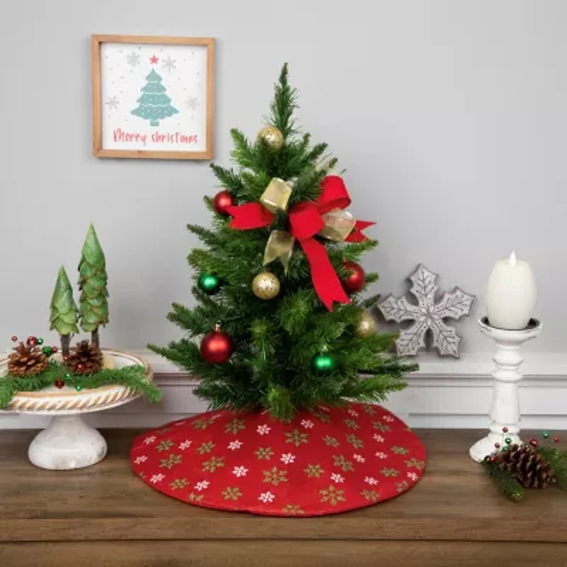 20'' Metallic Red with Green and White Snowflakes Mini Christmas Tree Skirt