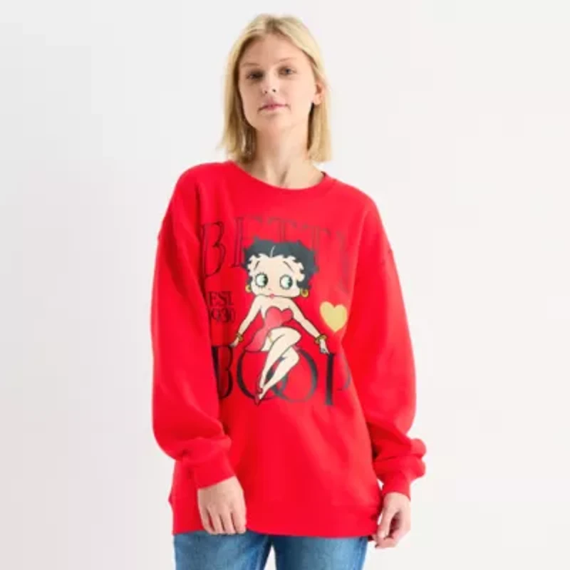 Womens Juniors Crew Neck Long Sleeve Betty Boop Sweatshirt