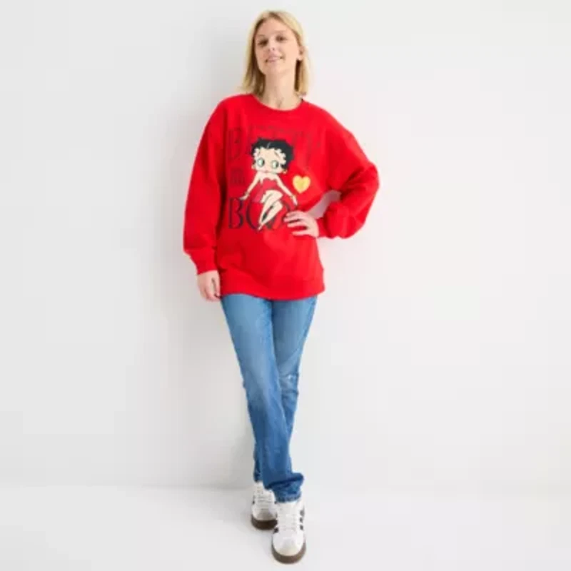 Womens Juniors Crew Neck Long Sleeve Betty Boop Sweatshirt