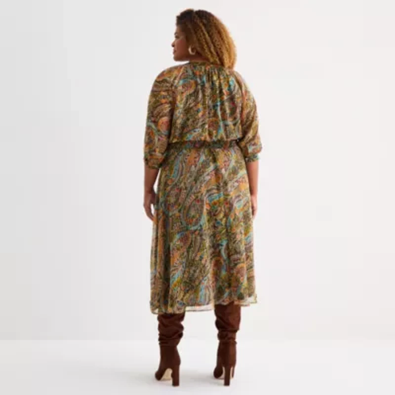 Sam And Jess Womens 3/4 Sleeve Floral Midi Plus Fit + Flare Dress