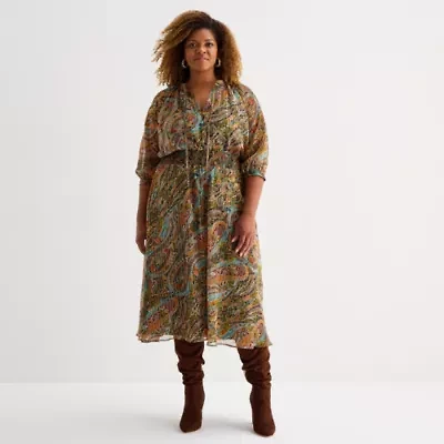 Sam And Jess Womens 3/4 Sleeve Floral Midi Plus Fit + Flare Dress