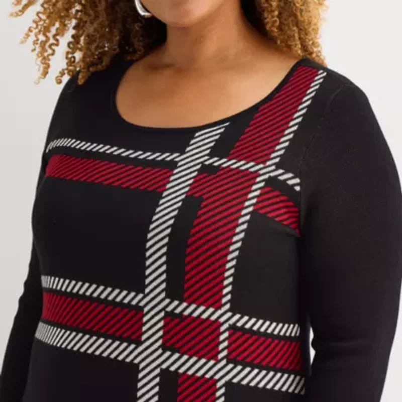 Studio 1 Womens Plus 3/4 Sleeve Plaid Sweater Dress