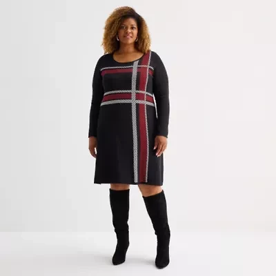 Studio 1 Womens Plus 3/4 Sleeve Plaid Sweater Dress