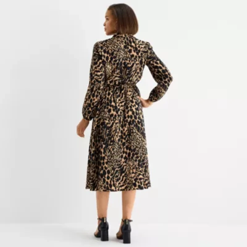Black Label by Evan-Picone Womens Long Sleeve Animal Midi Fit + Flare Dress