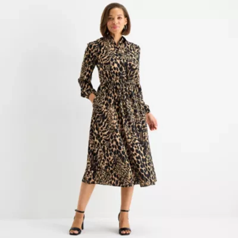 Black Label by Evan-Picone Womens Long Sleeve Animal Midi Fit + Flare Dress