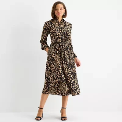 Black Label by Evan-Picone Womens Long Sleeve Animal Midi Fit + Flare Dress
